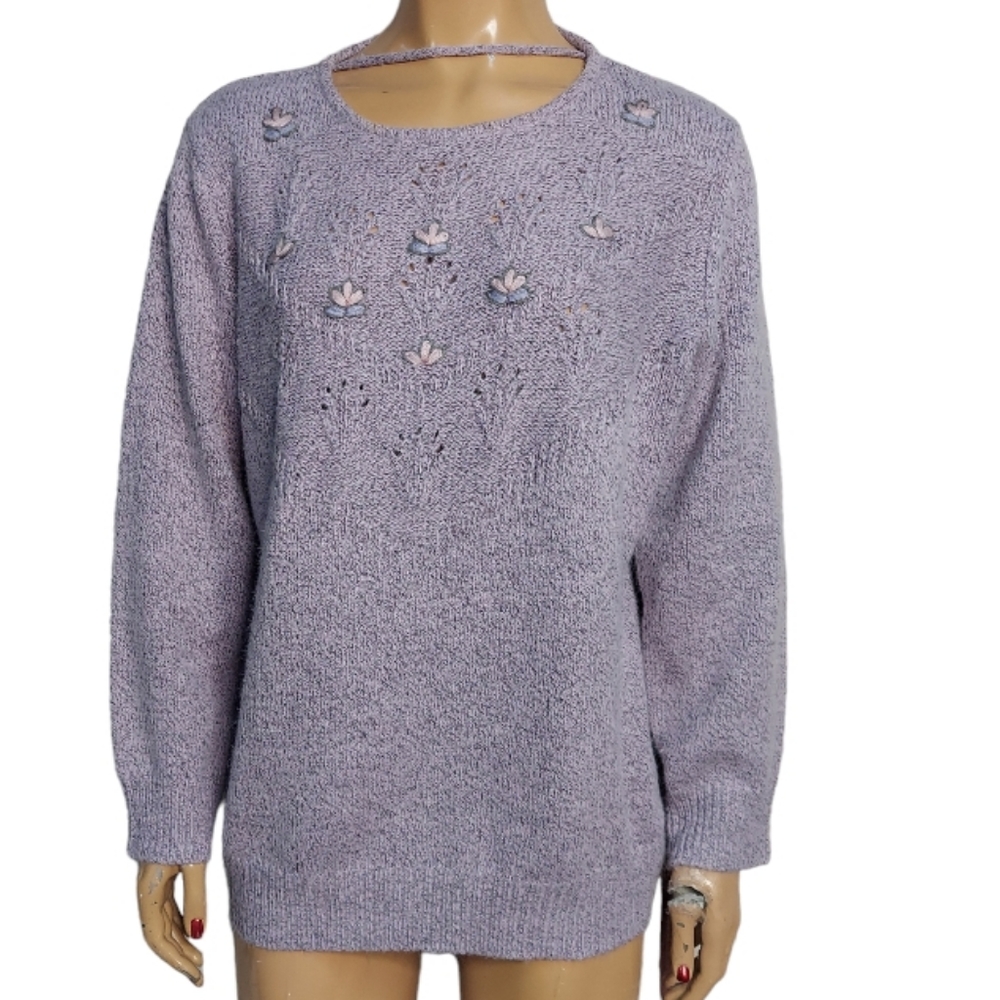 Damart Heathered Purple Keyhole Cutout Neck Pullover Knit Sweater